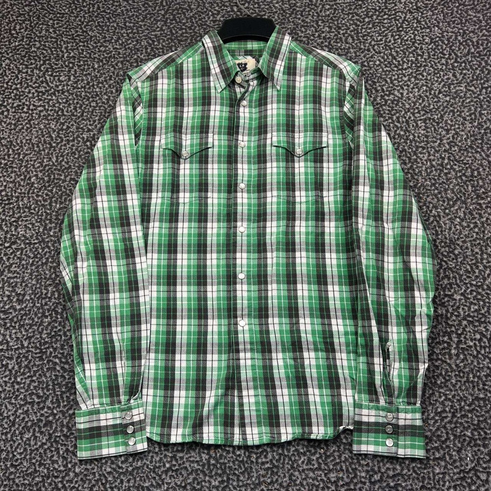 Levis Button Up Shirt Men Medium Green Black Plaid Pearl Snap Long Sleeve Cotton